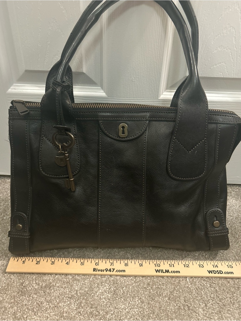 Fossil Dark Brown Leather Satchel Shoulder Bag Key Charm - Picture 8 of 14